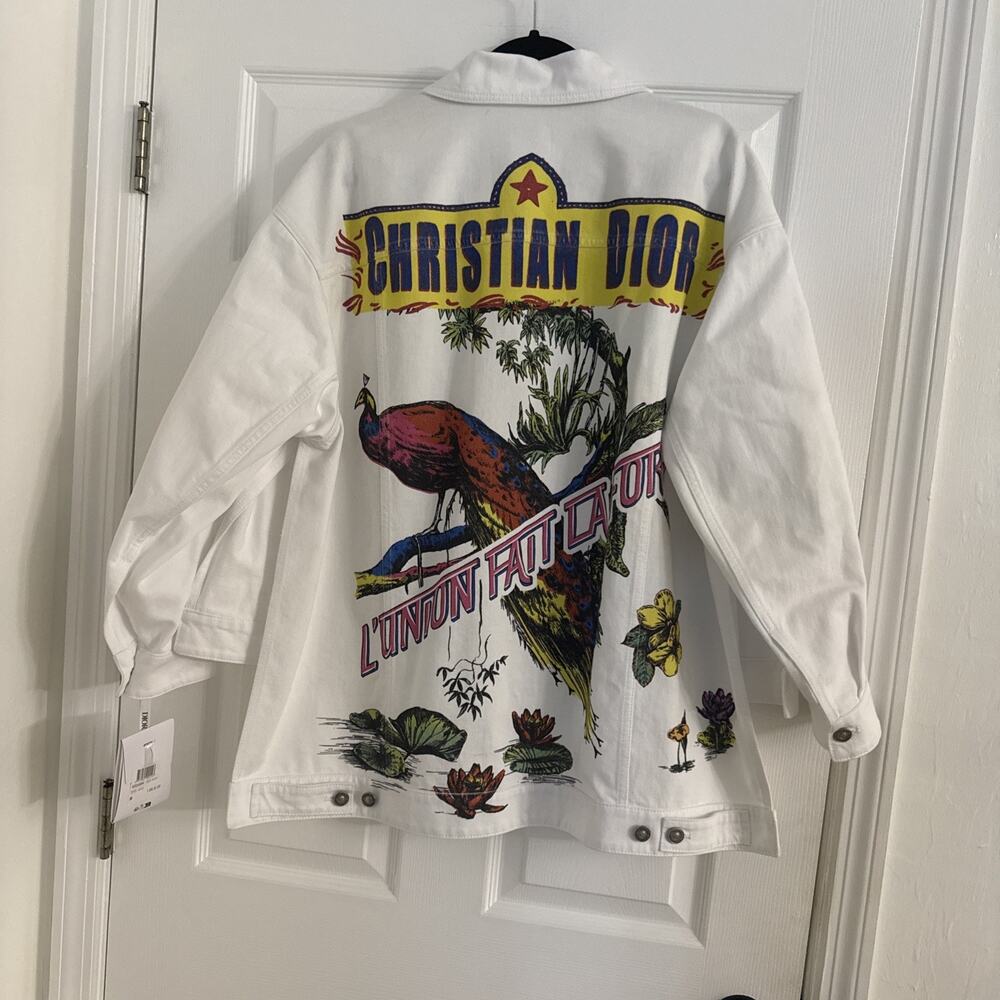 Christian Dior L'Union Fait la Force Peacock Denim Jacket White NWT FR 36 US 4